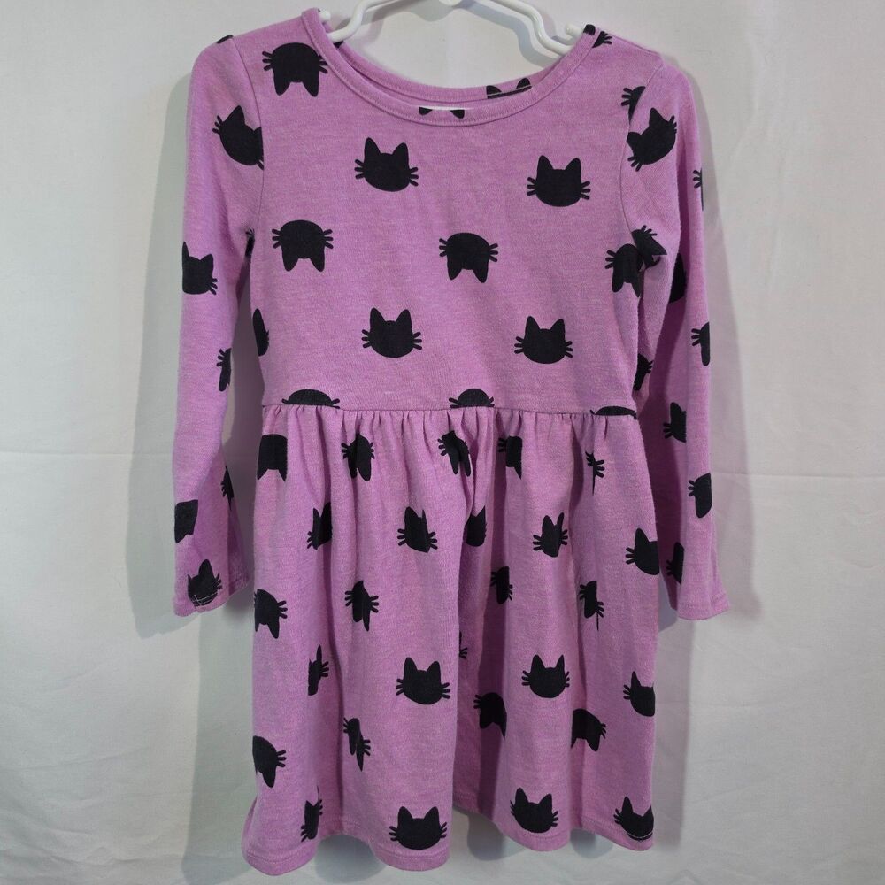 Cat & Jack Toddler Girl Long Sleeve Jersey Dress Lilac Purple Black Cats 4T